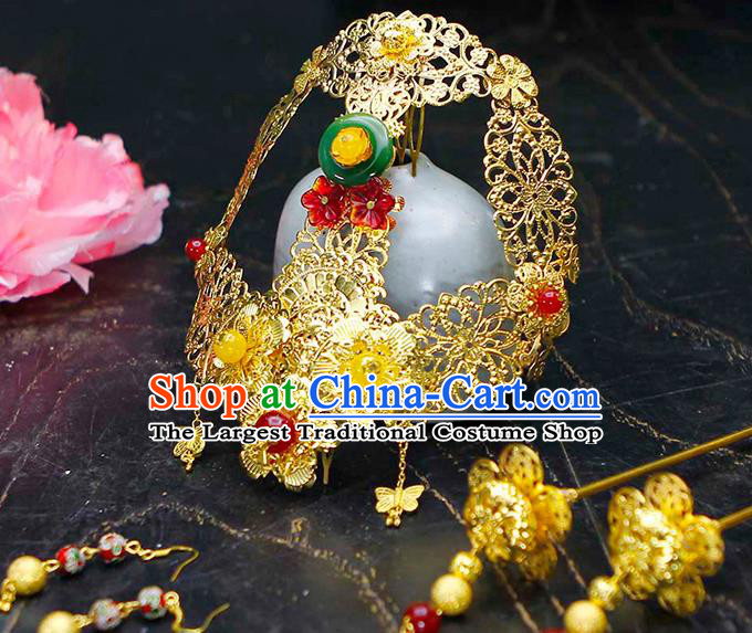 China Traditional Qin Dynasty Queen Mi Yue Accessories Ancient Empress Golden Hair Crown and Hairpins