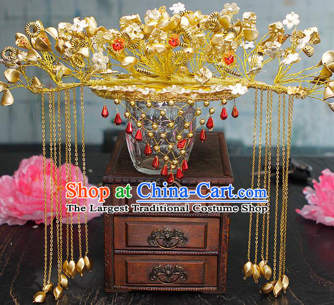 China Traditional Wedding Hair Accessories Ancient Bride Golden Phoenix Coronet Headpieces