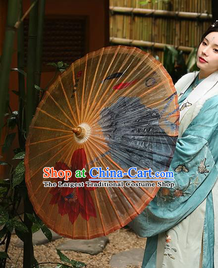 Traditional China Stage Show Umbrella Hand Umbrellas Artware Ink Painting Red Lotus Oil Paper Umbrella