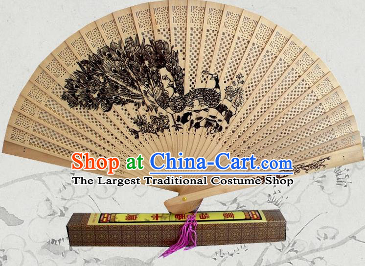 Handmade China Traditional Sandalwood Folding Fan Pierced Wood Fan Ink Painting Peacock Accordion