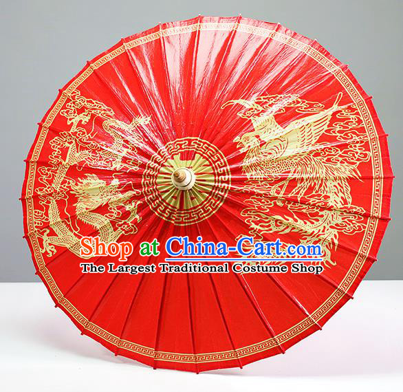 Traditional China Handmade Wedding Umbrellas Artware Bride Red Paper Umbrella Printing Dragon Phoenix Oil Paper Umbrella