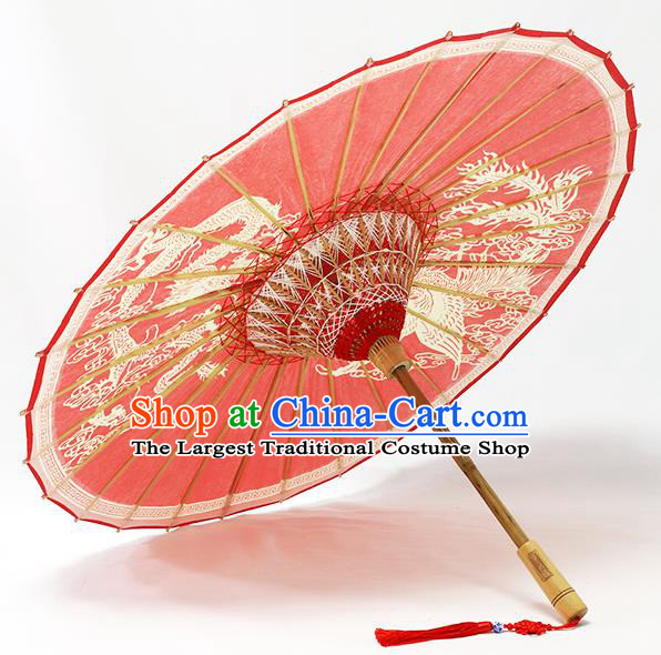 Traditional China Handmade Wedding Umbrellas Artware Bride Red Paper Umbrella Printing Dragon Phoenix Oil Paper Umbrella