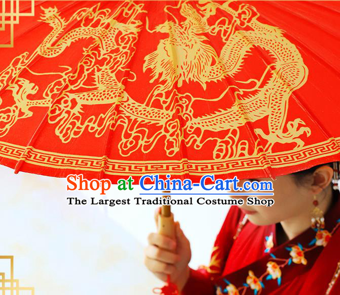 Traditional China Handmade Wedding Umbrellas Artware Bride Red Paper Umbrella Printing Dragon Phoenix Oil Paper Umbrella