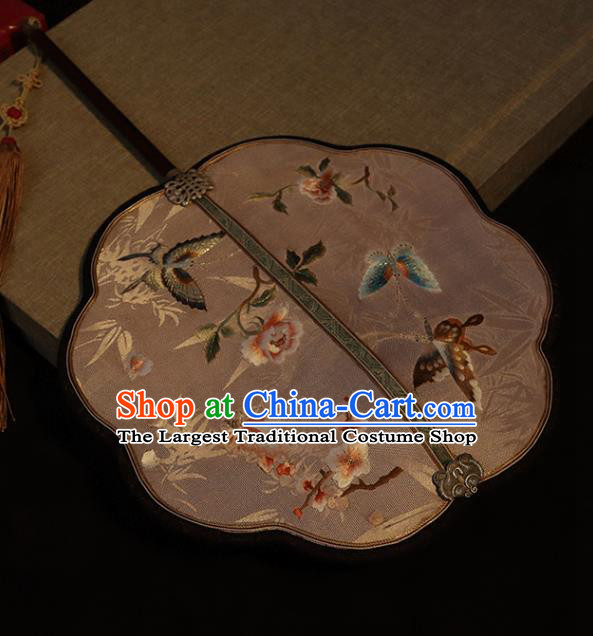 China Traditional Song Dynasty Hanfu Fan Embroidered Butterfly Fan Handmade Pink Silk Classical Wedding Palace Fan