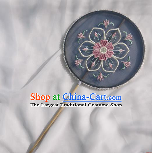 China Traditional Tang Dynasty Princess Fan Handmade Embroidered Palace Fan Navy Silk Circular Fan