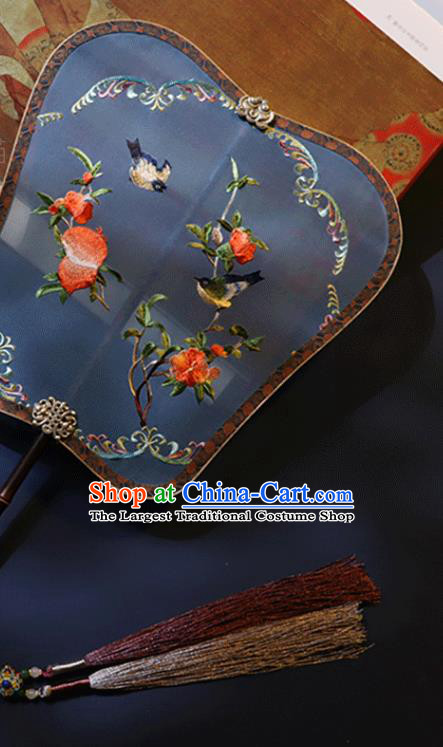 China Classical Palace Fan Traditional Ming Dynasty Hanfu Embroidered Pomegranate Fan Handmade Blue Silk Fan