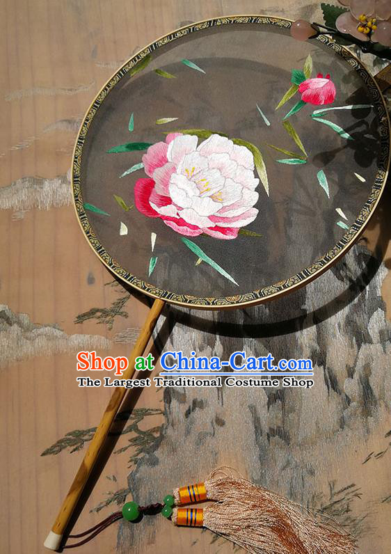 Handmade China Traditional Palace Fan Embroidered Peony Fan Hanfu Black Silk Fan Circular Fan