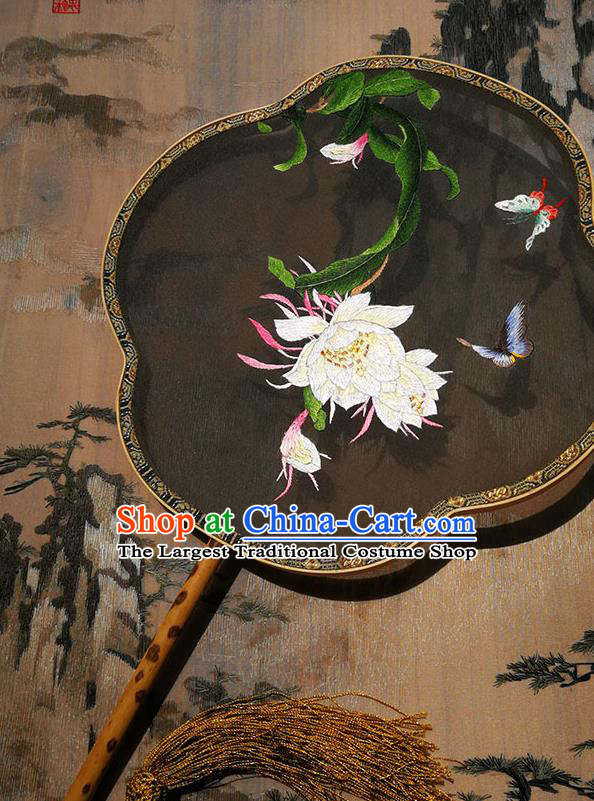 China Handmade Palace Fan Traditional Hanfu Fan Black Silk Fan Embroidered Epiphyllum Fan