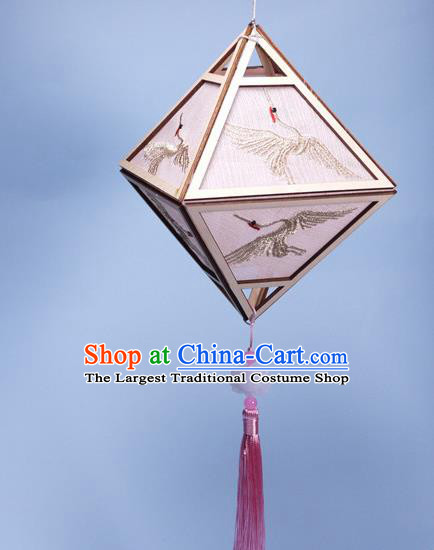 China Traditional Spring Festival Lanterns Handmade Embroidered Crane Portable Lamp Classical Rhombus Palace Lantern