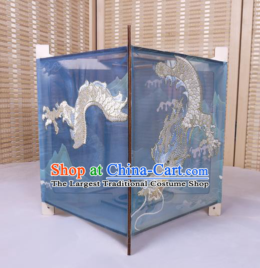 China Handmade Embroidered Dragon Lamp Traditional Spring Festival Desk Lantern Classical Blue Cloth Palace Lantern