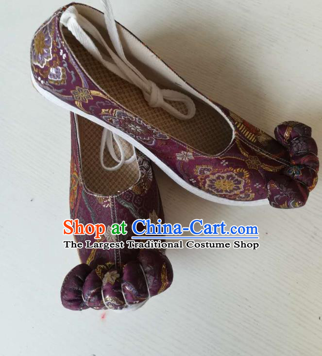 China Classical Deep Purple Brocade Shoes Traditional Song Dynasty Hanfu Shoes Ancient Princess Shoes