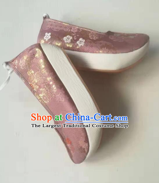 China Traditional Ming Dynasty Princess Shoes Satin Shoes Handmade Hanfu Shoes Pink Brocade Shoes
