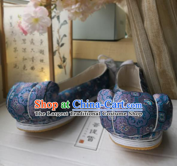 China Handmade Satin Shoes Ancient Princess Hanfu Shoes Traditional Song Dynasty Royalblue Brocade Shoes