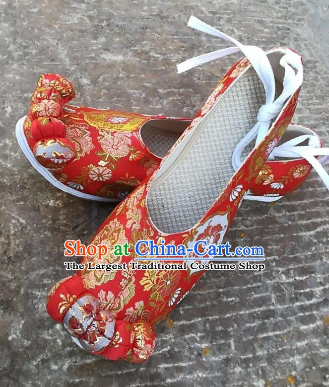 China Traditional Song Dynasty Wedding Brocade Shoes Handmade Ancient Princess Shoes Red Satin Shoes