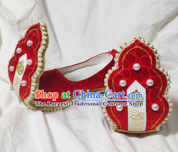 China Classical Red Brocade Shoes Hanfu Pearls Shoes Traditional Song Dynasty Wedding Shoes
