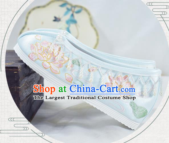 China Women Hanfu Shoes National Embroidered Lotus Shoes Light Blue Cloth Shoes Traditional Beads Tassel Shoes