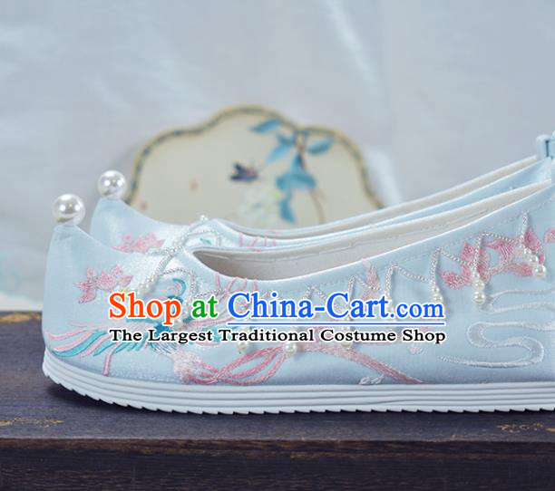 China National Xiu He Shoes Traditional Wedding Light Blue Cloth Shoes Women Embroidered Shoes
