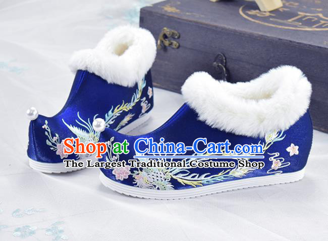 China National Embroidered Phoenix Shoes Royalblue Cloth Shoes Traditional Winter Shoes Women Hanfu Shoes