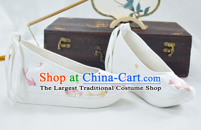 China Women White Satin Shoes Traditional Embroidered Lotus Shoes National Shoes