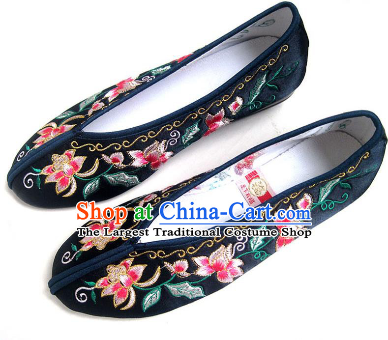 China National Wedding Shoes Traditional Xiu He Navy Blue Satin Shoes Embroidered Flowers Shoes