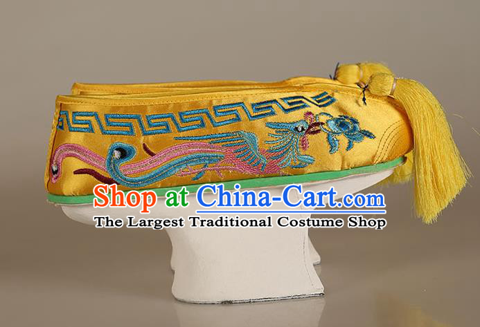 China Traditional Peking Opera Actress Shoes Ancient Qing Dynasty Princess Embroidered Yellow Satin Shoes