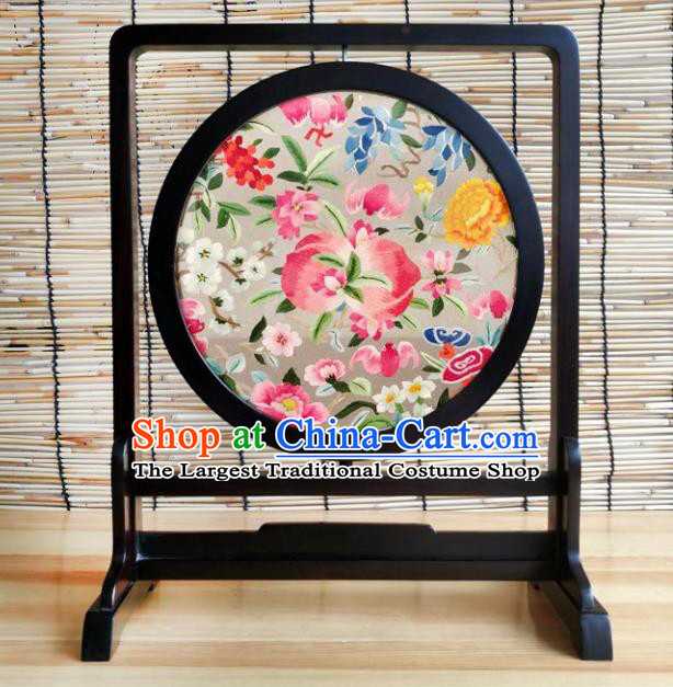 China Traditional Double Side Embroidered Peach Flowers Table Screen Handmade Blackwood Desk Decoration