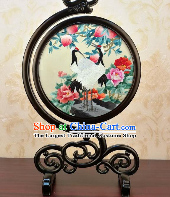China Handmade Desk Ornament Embroidery Silk Craft Traditional Embroidered Cranes Peony Table Screen