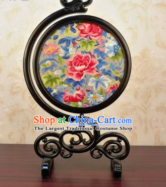China Handmade Embroidered Peony Flowers Desk Ornament Traditional Blackwood Carving Table Screen