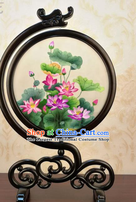 China Handmade Carving Blackwood Craft Traditional Suzhou Embroidered Lotus Table Screen
