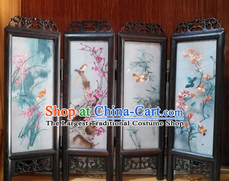 Chinese Desk Ornaments Handmade Rosewood Craft Suzhou Embroidery Plum Orchids Bamboo Chrysanthemum Folding Screen