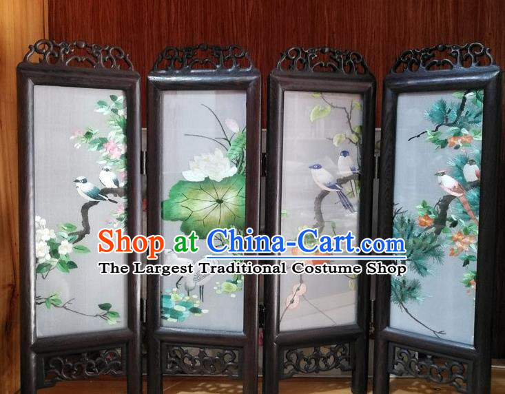 Chinese Suzhou Embroidery Silk Folding Screen Desk Ornaments Handmade Rosewood Craft