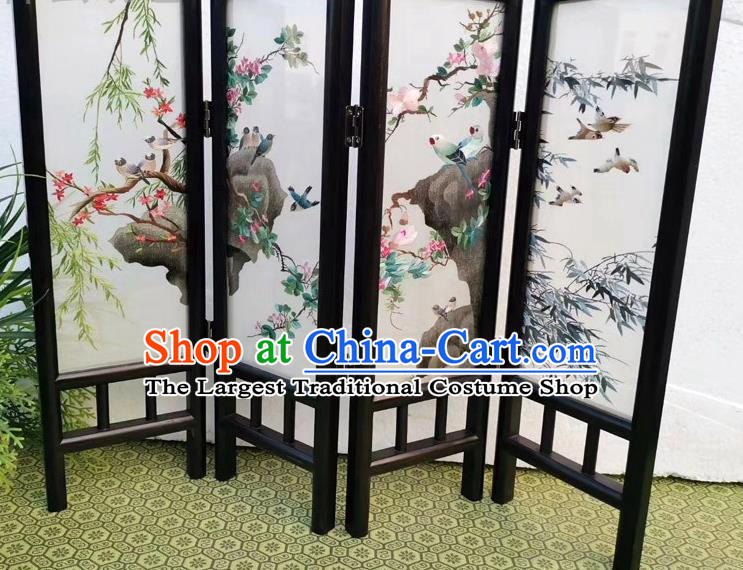 Chinese Blackwood Folding Screen Double Side Embroidery Flowers Birds Table Screen Craft Handmade Desk Ornaments