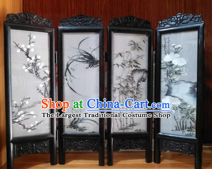 Chinese Traditional Handmade Blackwood Folding Screen Suzhou Embroidered Plum Orchids Bamboo Chrysanthemum Table Screen