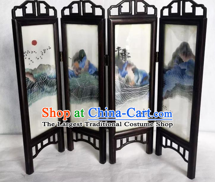 Chinese Rosewood Folding Screen Craft Suzhou Embroidery Landscape Table Screen Handmade Desk Ornaments
