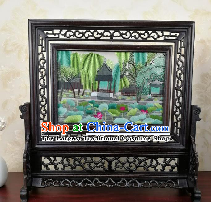 Chinese Traditional Handmade Wenge Carving Rotatable Screen Suzhou Embroidered Daming Lake Table Screen