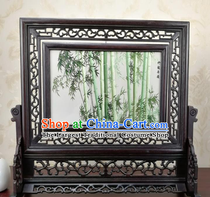 Chinese Suzhou Embroidered Peaceful Bamboo Table Screen Traditional Handmade Wenge Carving Rotatable Screen