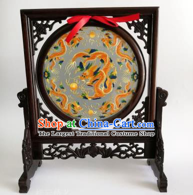 Chinese Traditional Wenge Rotatable Screen Craft Handmade Double Side Embroidered Dragons Table Screen