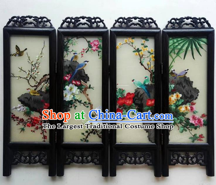 Chinese Suzhou Embroidery Table Screen Desk Ornaments Handmade Flowers Birds Folding Screen Craft