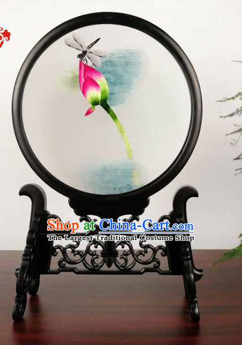 China Traditional Double Side Embroidery Desk Screen Handmade Embroidered Lotus Dragonfly Table Screen