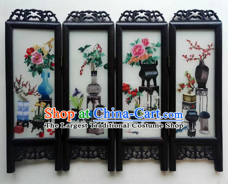 Chinese Handmade Wenge Folding Screen Suzhou Embroidery Flowers Vase Table Screen