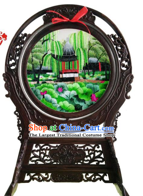China Embroidered Lotus Pavilion Desk Screen Suzhou Double Side Embroidery Craft Handmade Wenge Table Ornament
