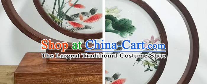 China Handmade Wood Desk Lantern Decoration Table Screen Suzhou Embroidered Lotus Fish LED Bedside Lamp