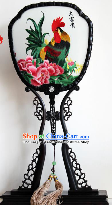 China Handmade Embroidered Cock Peony Silk Fan Traditional Palace Fan Classical Dance Blackwood Fan