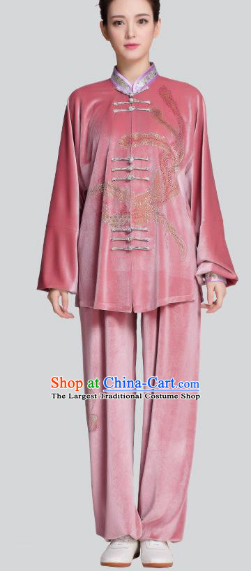 China Female Kung Fu Tai Chi Clothing Traditional Diamante Phoenix Pink Velvet Uniforms
