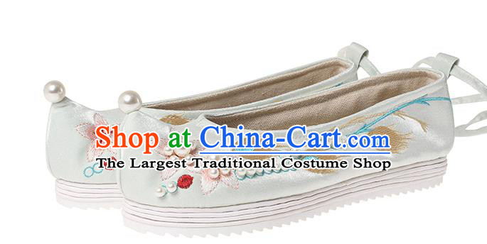 China Traditional Hanfu Pearls Shoes Embroidered Peach Blossom Green Satin Shoes Ancient Ming Dynasty Princess Shoes