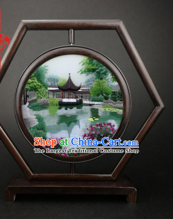 China Wenge Hexagon Table Screen Handmade Embroidery Mid Lake Pavilion Desk Screen Traditional Furniture