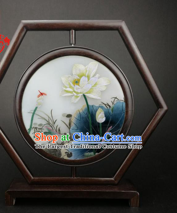 China Traditional Furniture Wenge Hexagon Table Screen Handmade Embroidery Lotus Desk Screen