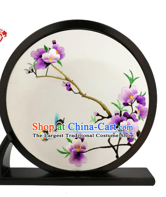 China Traditional Blackwood Round Table Screen Furniture Handmade Embroidery Plum Blossom Desk Screen