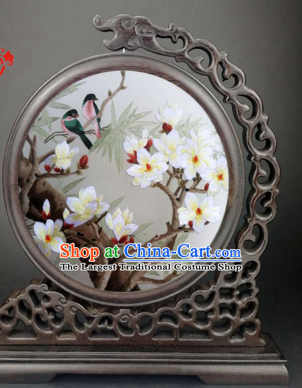 China Traditional Suzhou Embroidery Mangnolia Desk Screen Wenge Carving Dragon Table Screen