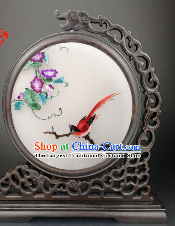 Chinese Suzhou Embroidered Petunia Table Screen Handmade Wenge Carving Screen Traditional Little Furniture
